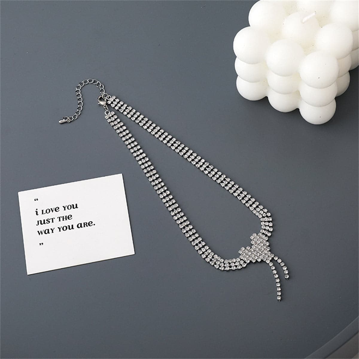 Cubic Zirconia and Silver-Plated Heart Tassel Choker Necklace, silver pendant necklace for women, side view