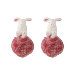 White & Pink Wool Pom-Pom Rabbit Drop Earrings