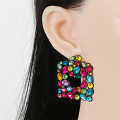 Pink Crystal & Cubic Zirconia Openwork Cluster Square Drop Earrings