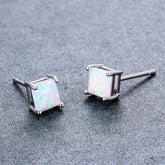 White Opal & Silver-Plated Princess Cut Stud Earrings