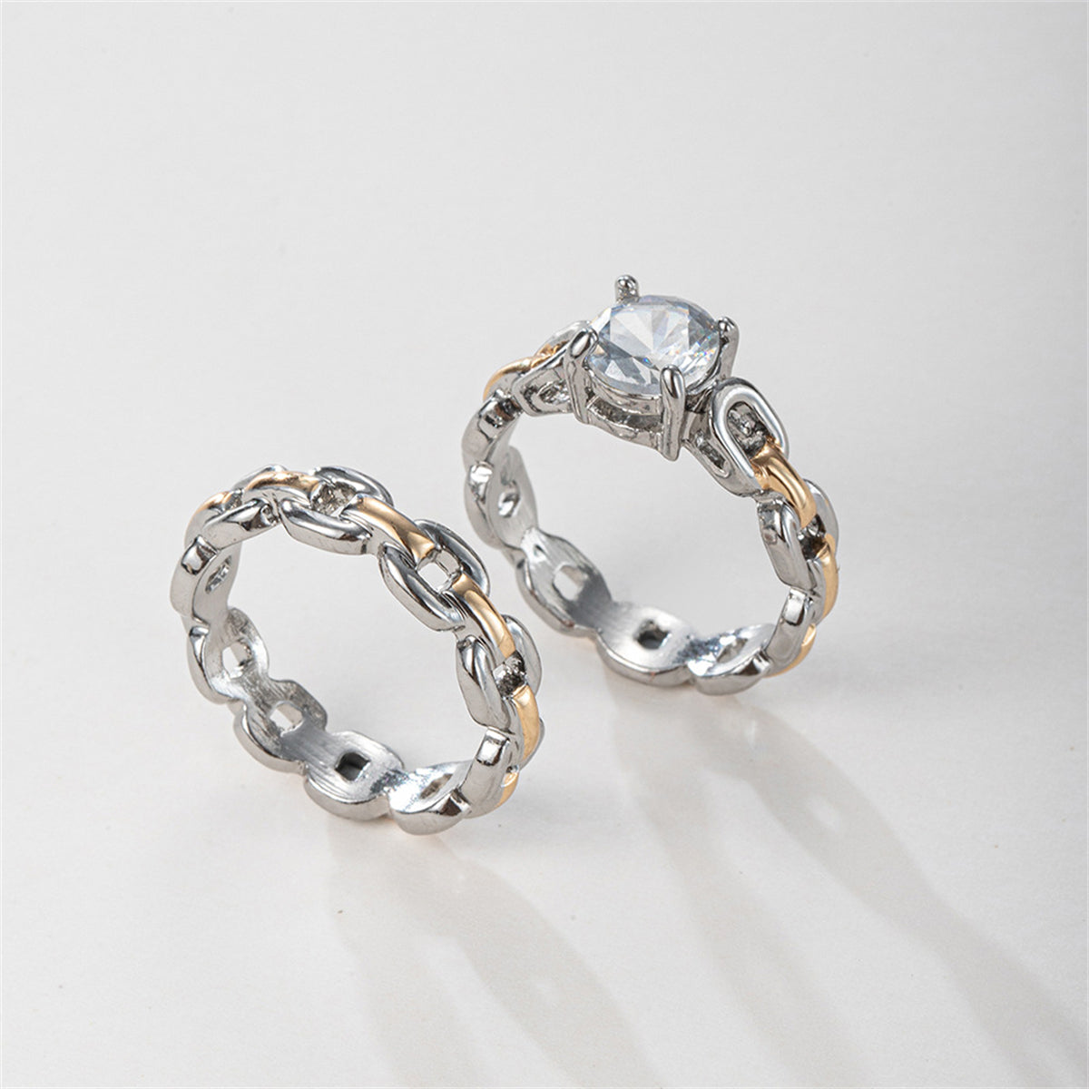 Crystal and Two-Tone Chain Ring Set, jewelry gift sets for women, dainty minimalist design, styled look