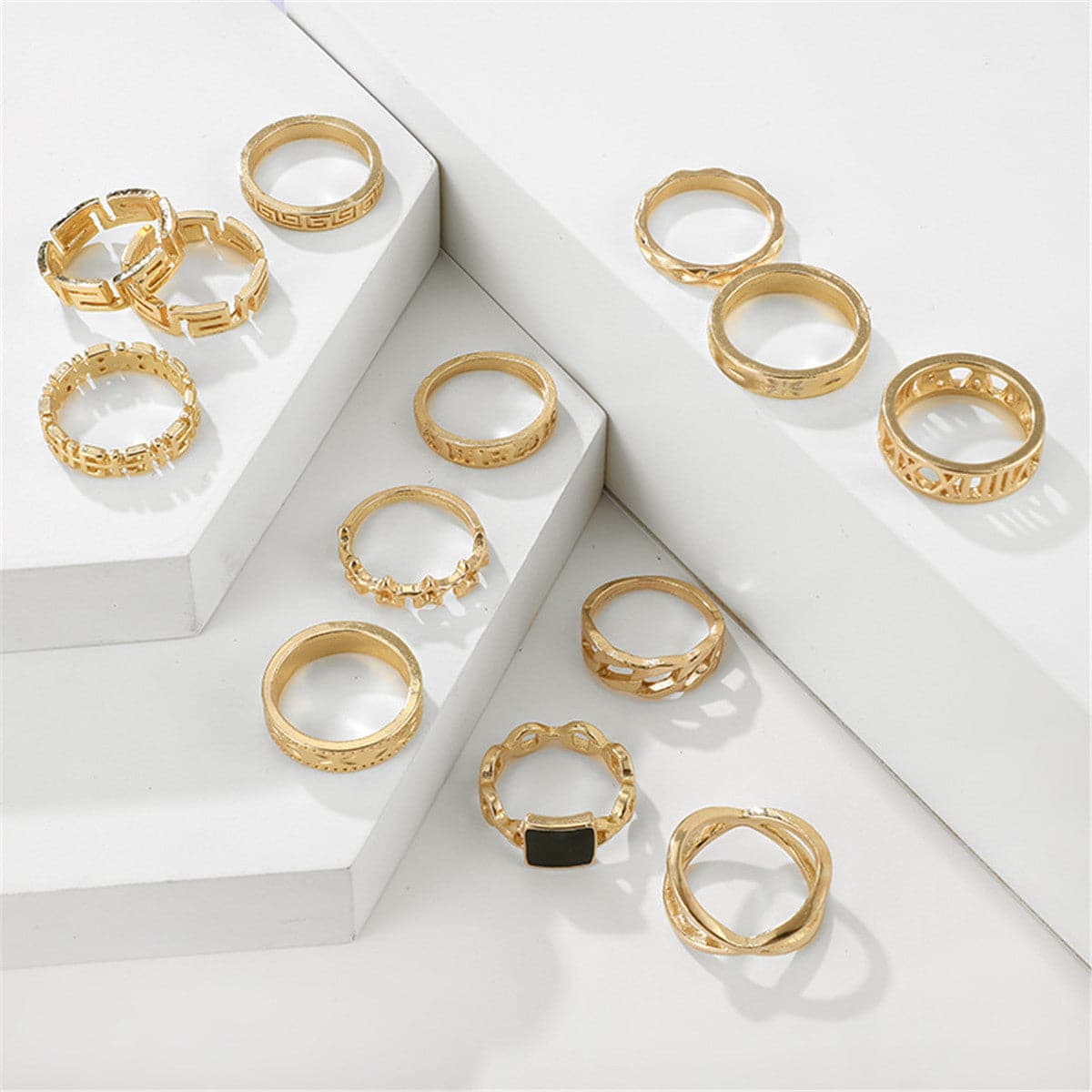 Black Enamel & 18K Gold-Plated Square Openwork-Band Ring Set