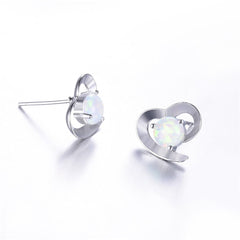 White Opal & Silver-Plated Heart Stud Earrings