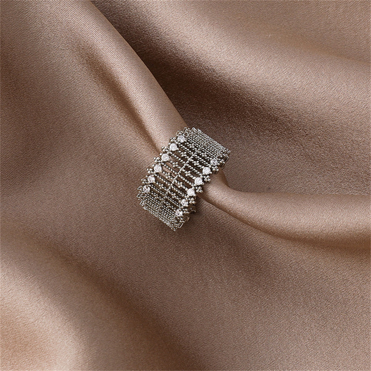 Cubic Zirconia & Silver-Plated Line Adjustable Ring