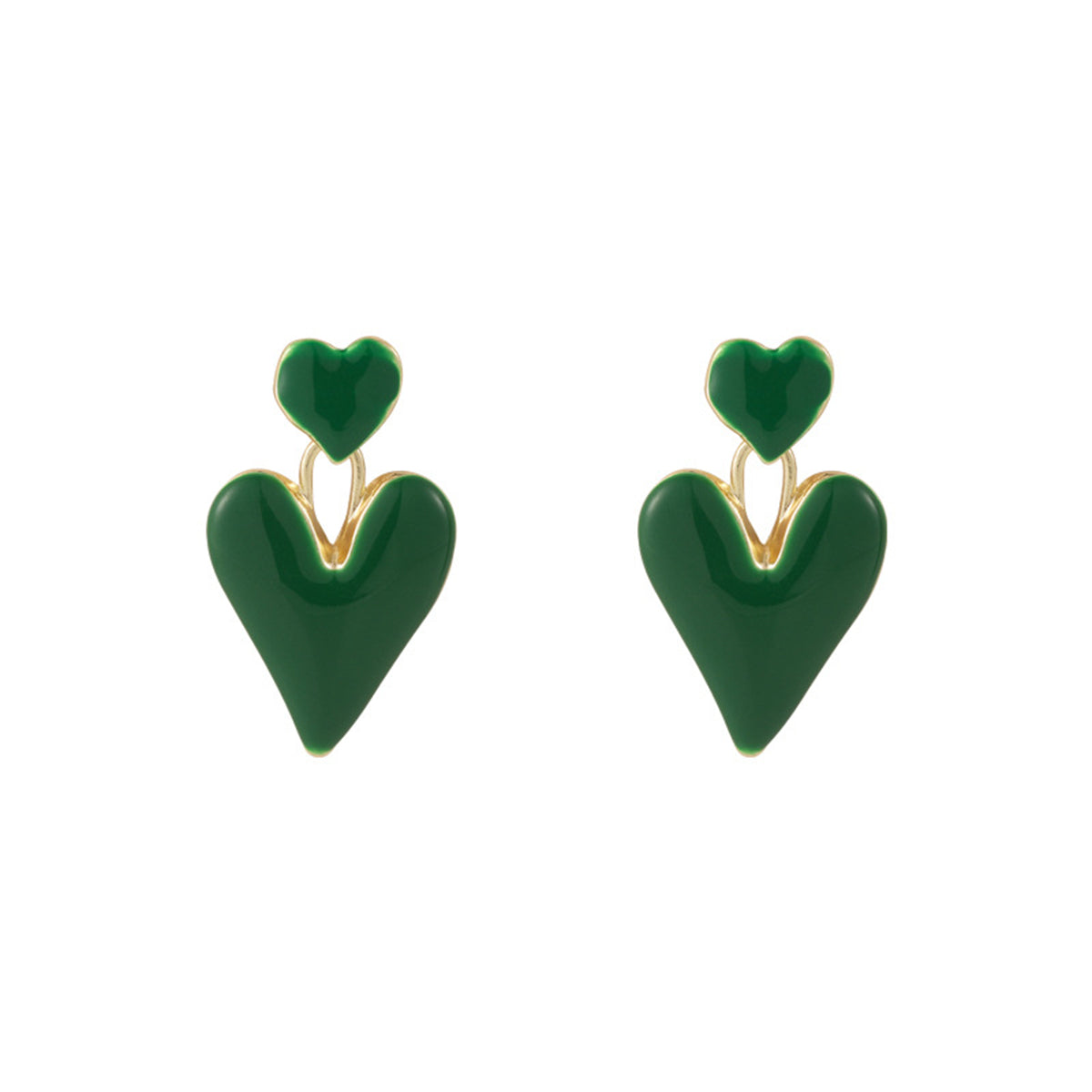 Green Enamel & 18K Gold-Plated Stacked Heart Drop Earrings