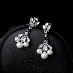 Crystal & Pearl Silver-Plated Flower Cluster Drop Earrings