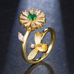 Crystal & Cubic Zirconia 18K Gold-Plated Bee & Flower Adjustable Ring