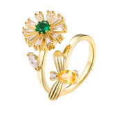 Crystal & Cubic Zirconia 18K Gold-Plated Bee & Flower Adjustable Ring