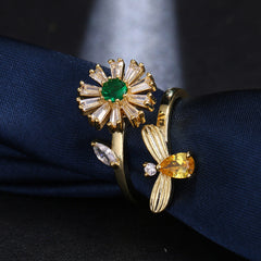 Crystal & Cubic Zirconia 18K Gold-Plated Bee & Flower Adjustable Ring