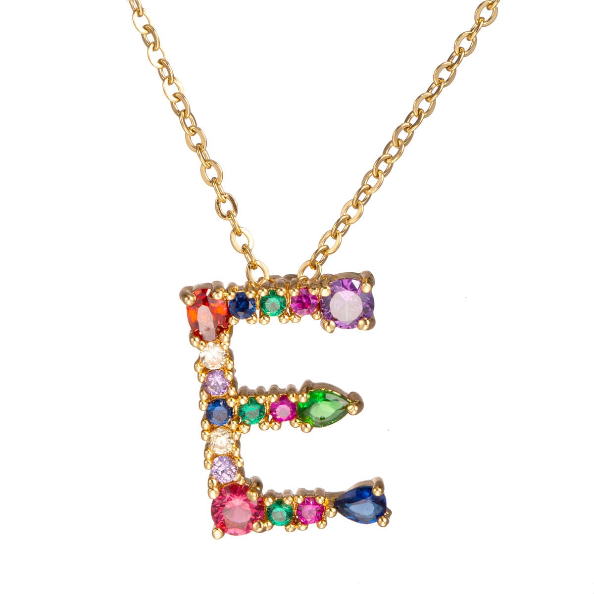 Red Multicolor Crystal and Cubic Zirconia Letter E Pendant Necklace, pendant necklace for women, side view