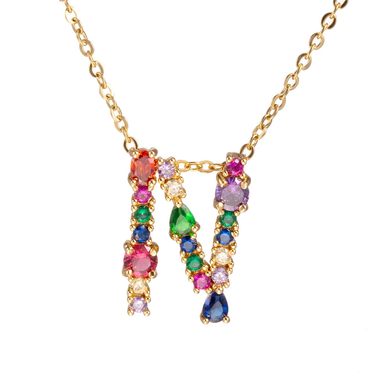 Red Multicolor Crystal and Cubic Zirconia Letter N Pendant Necklace, pendant necklace for women, side view