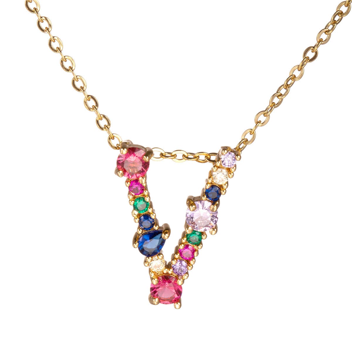 Red Multicolor Crystal and Cubic Zirconia Letter V Pendant Necklace, pendant necklace for women, side view