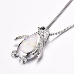Opal & Cubic Zirconia Penguin Pendant Necklace