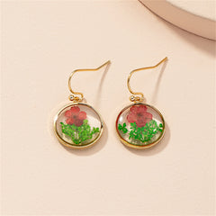 Red Peach Blossom & 18K Gold-Plated Pressed Flower Round Drop Earrings