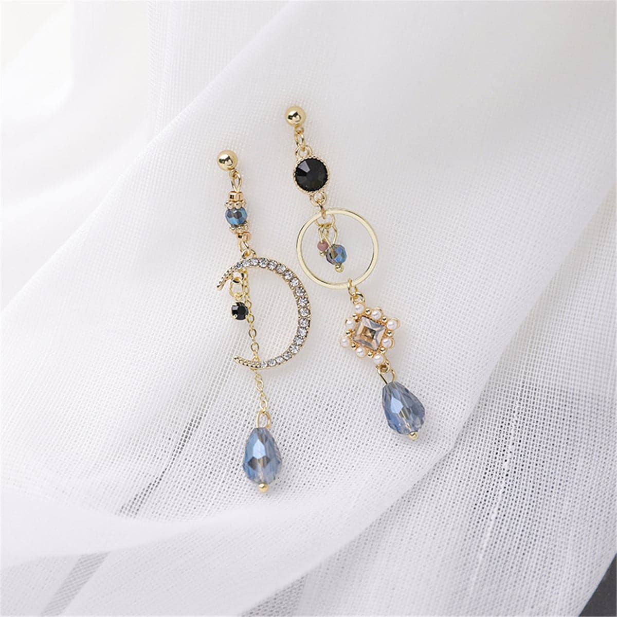 Cubic Zirconia and Crystal Pearl Moon Asymmetrical Drop Earrings, drop earrings for women, elegant gift for her, styled look