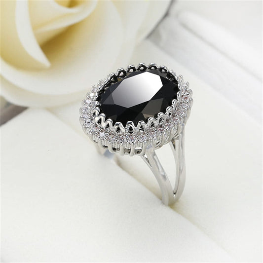 Black Crystal and Cubic Zirconia Oval Ring, statement rings for women, dainty minimalist design, side view