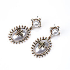 Pearl & Cubic Zirconia Bee Oval Drop Earrings
