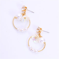 Pearl & Cubic Zirconia 18K Gold-Plated Flower Ring Drop Earrings