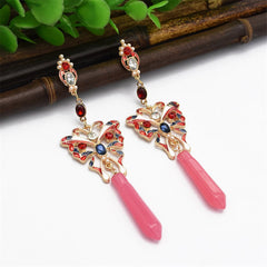 Pink Resin & Cubic Zirconia Butterfly Drop Earrings