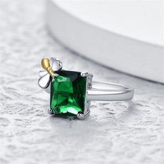 Green Crystal & Two-Tone Bee Emerald-Cut Ring