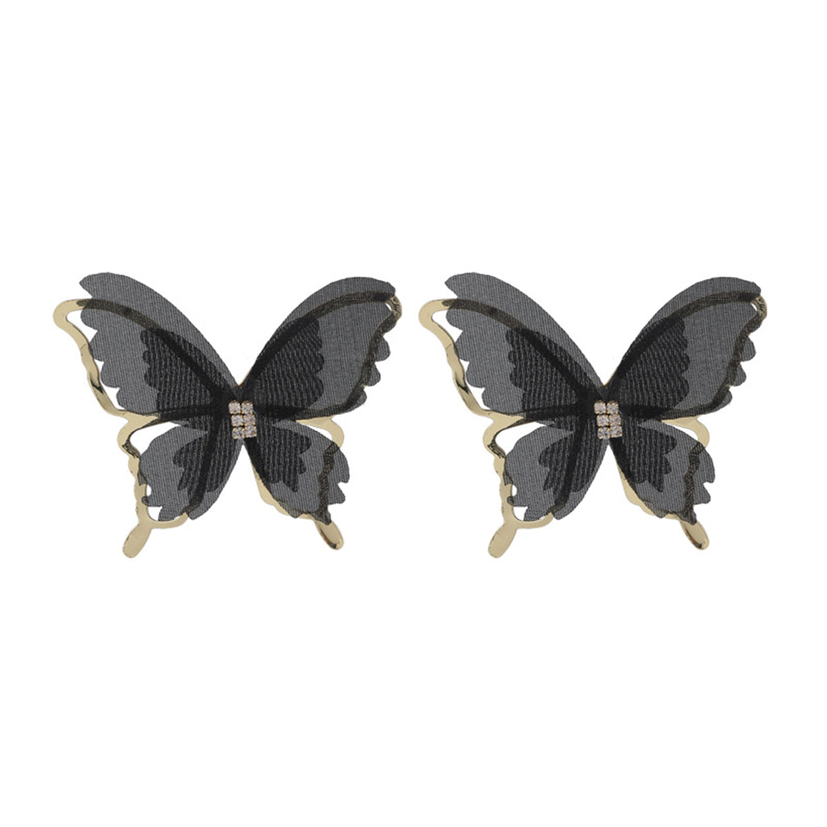 Black Mesh and 18K Gold-Plated Butterfly Stud Earrings, gold stud earrings for women, elegant gift for her, detail close-up