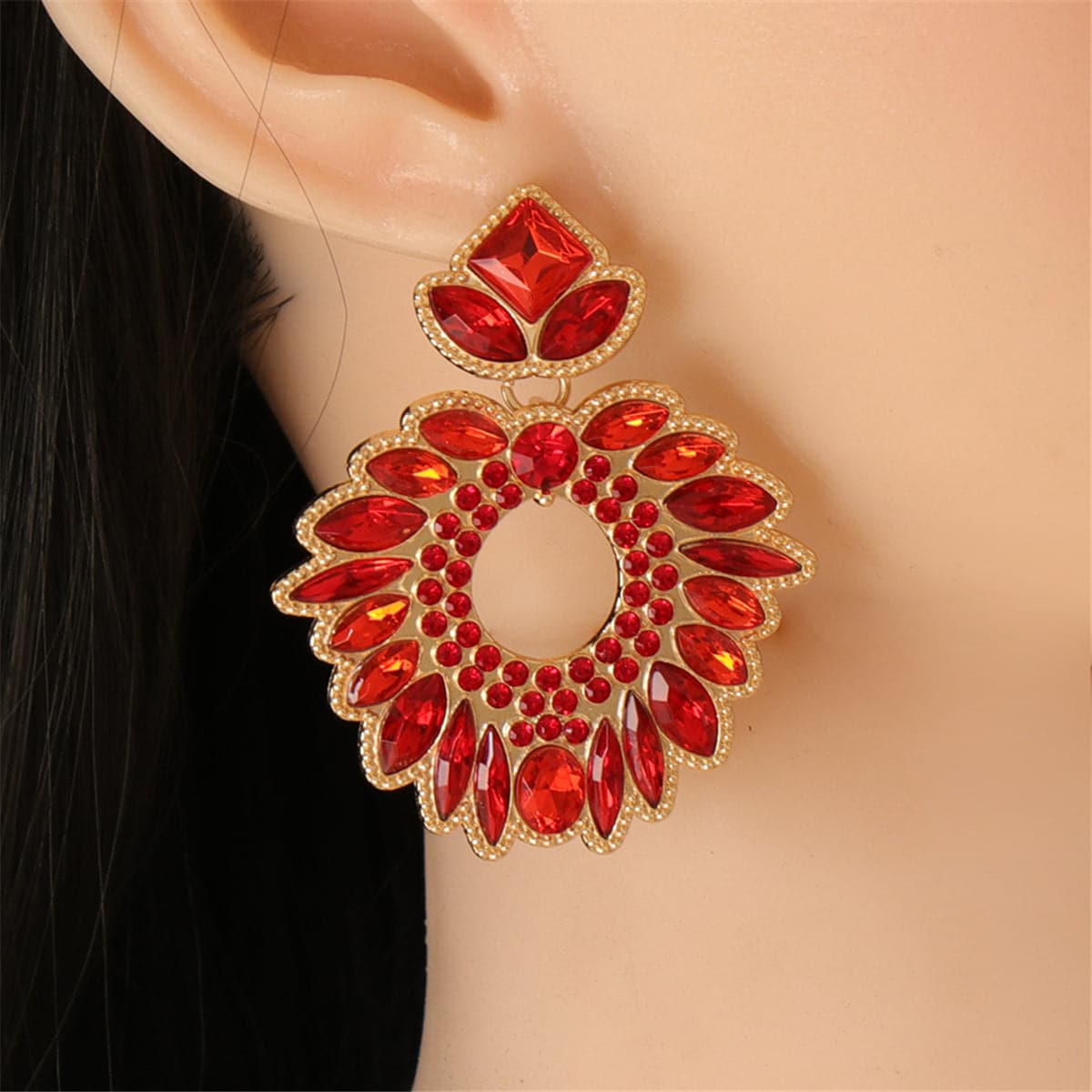 Red Crystal & Cubic Zirconia 18K Gold-Plated Geometric Drop Earrings