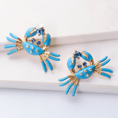 Blue Enamel & Cubic Zirconia 18K Gold-Plated Crab Stud Earrings