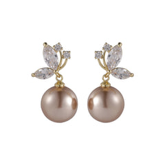 Beautiful champagne pearl and cubic zirconia earrings, designed as butterfly drops with white pearl accents.