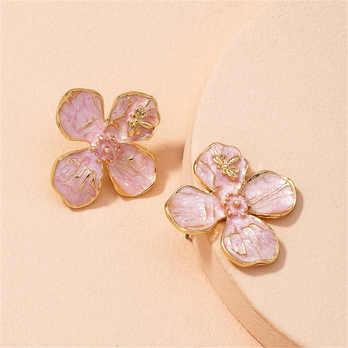 Pink Enamel and 18K Gold-Plated Bee Flower Stud Earrings, gold stud earrings for women, everyday style, styled look