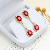 Red Crystal & 18K Gold-Plated Stacked Oval Drop Earrings