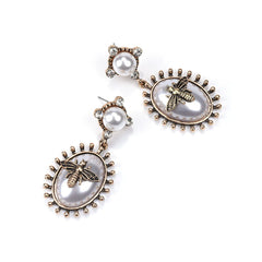 Pearl & Cubic Zirconia Bee Oval Drop Earrings
