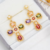 Purple Crystal & Pearl 18k Gold-Plated Cross Drop Earrings