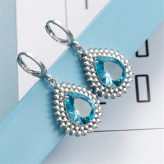 Blue Crystal & Silver-Plated Pear-Cut Halo Drop Earrings