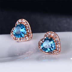 Light Blue Crystal & Cubic Zirconia 18K Rose Gold-Plated Halo Heart Stud Earrings