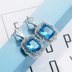 Blue Crystal & Silver-Plated Floral Radiant-Cut Drop Earrings
