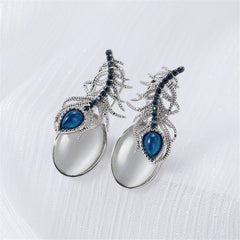 Cubic Zirconia & Blue Rhinestone Feather Pear-Cut Drop Earrings
