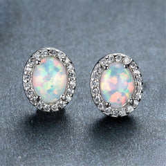 Opal & Cubic Zirconia Oval Halo Stud Earrings
