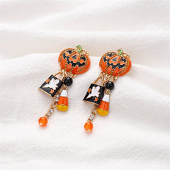 Colorful Halloween earrings showcasing candy corn and pumpkins, complete with sparkling cubic zirconia ghost drops.