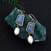 Navy Quartz & Pearl 18K Gold-Plated Rectangle Drop Earrings