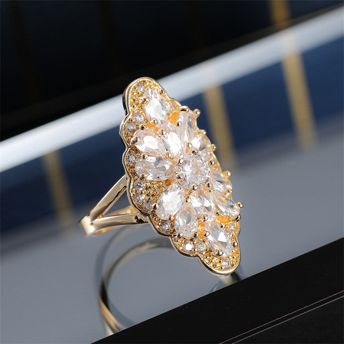 Crystal and 18K Gold-Plated Pear-Cut Pavé Statement Ring, gold statement rings for women, styled look