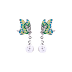 Green Enamel & Pearl Silver-Plated Butterfly Drop Earrings