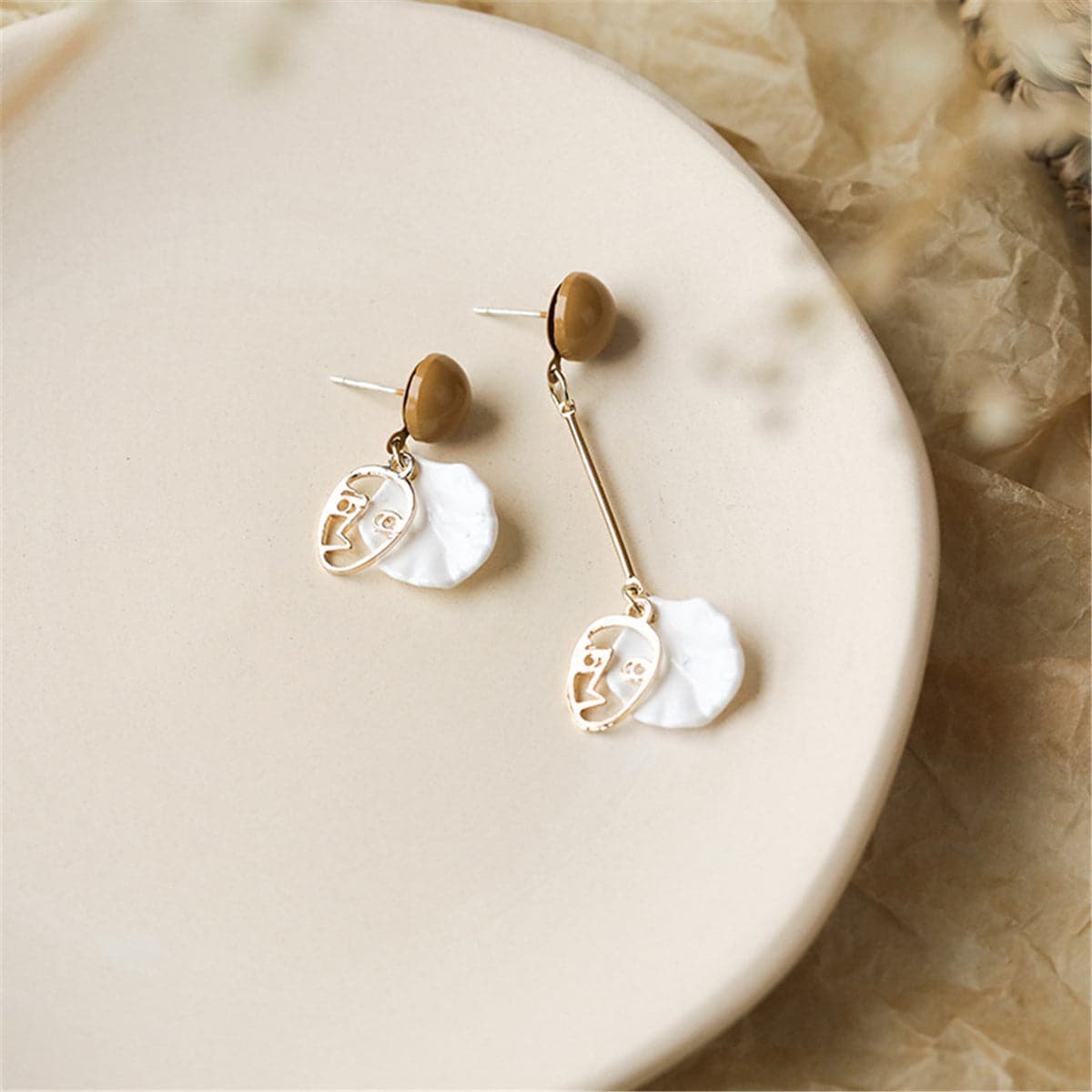 Taupe Acrylic & Shell Face Asymmetrical Drop Earrings