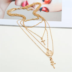 18K Gold-Plated Rose & Cross Layered Pendant Necklace