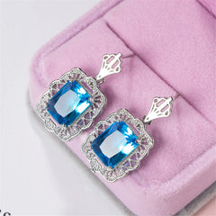 Blue Crystal & Silver-Plated Floral Radiant-Cut Drop Earrings