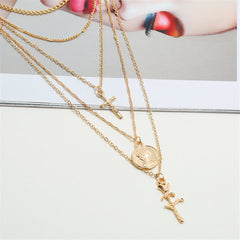 18K Gold-Plated Rose & Cross Layered Pendant Necklace