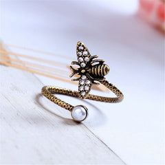 Cubic Zirconia & Pearl 18K Gold-Plated Antiqued Bee Bypass Ring