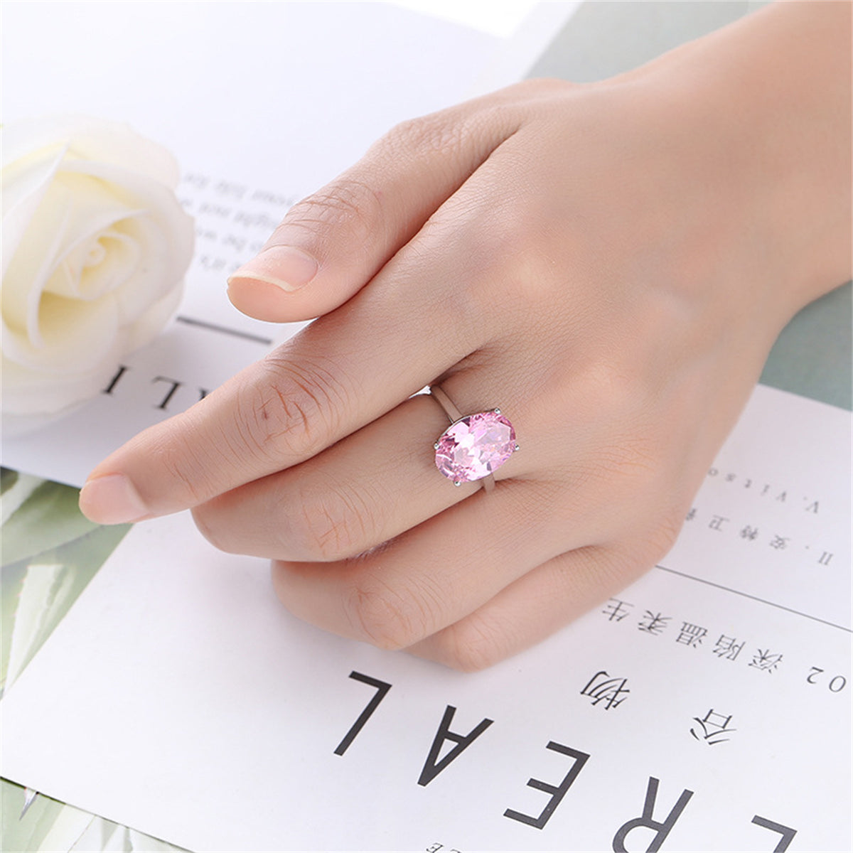 Pink Crystal and Silver-Plated Oval-Cut Ring, silver statement rings for women, dainty minimalist design, lifestyle look