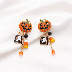 Spooky yet fun Halloween earrings with candy corn and pumpkin motifs, enhanced by cubic zirconia ghost dangles.