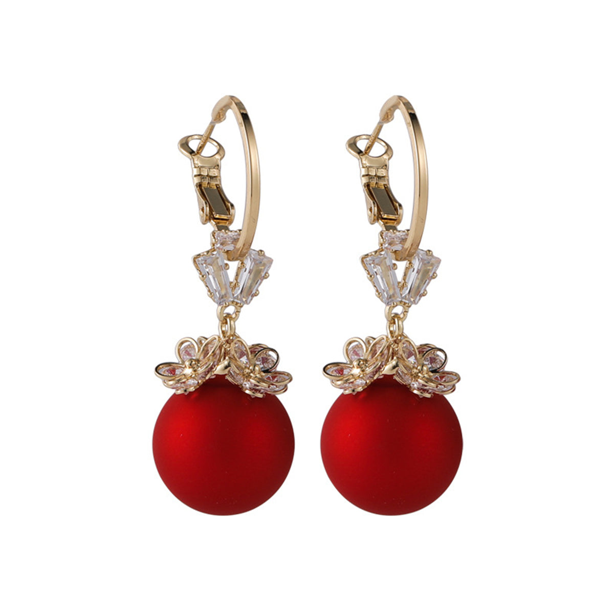 Elegant red ball earrings adorned with cubic zirconia, set in 18k gold-plated flower huggies.