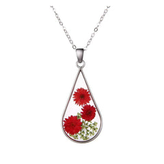 Red & Silver-Plated Pressed Flower Teardrop Pendant Necklace